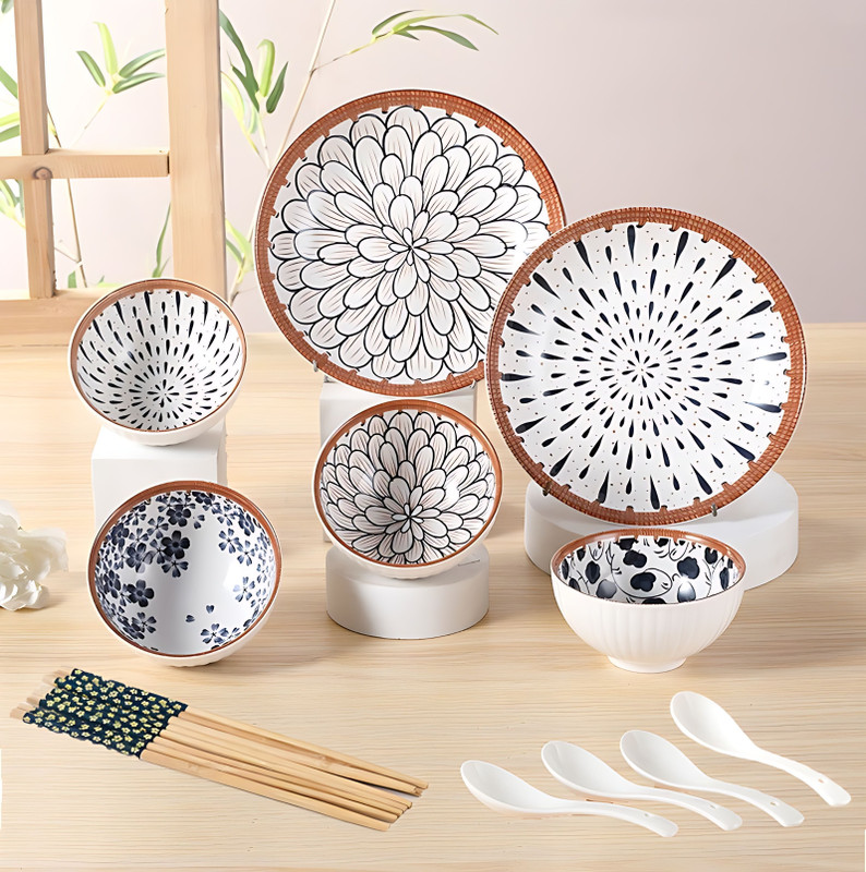 YOMITH Pack of 14 Ceramic Japanese Style Porcelain Dessert Bowls, Lightweight & Durable Dinner Set(White, Blue, Microwave Safe)