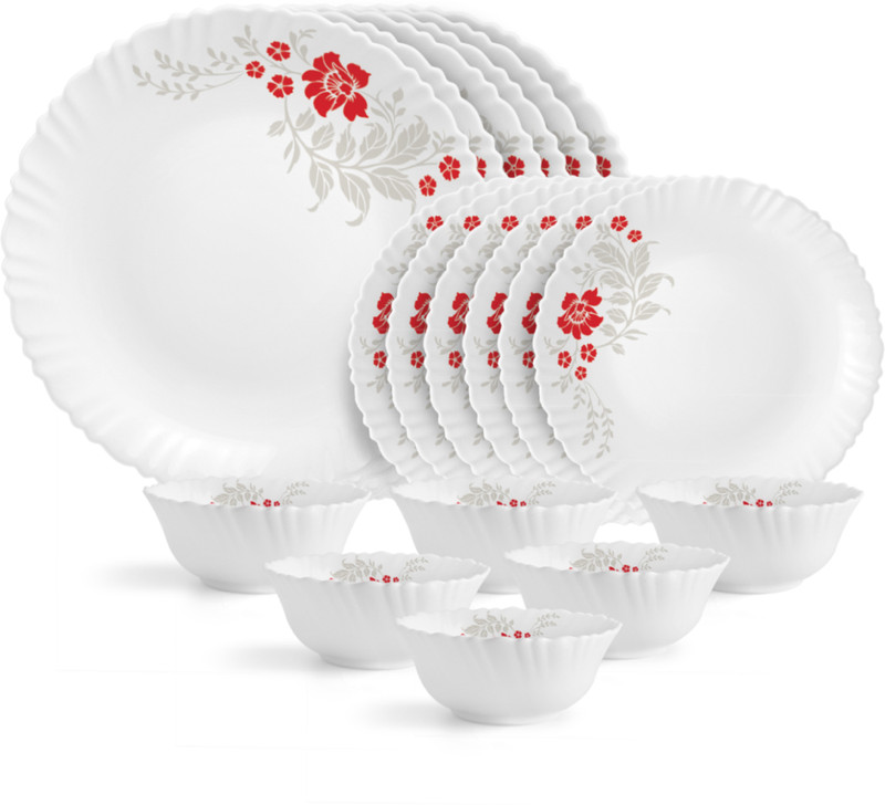 cello Pack of 18 Opalware Dazzle 18pcs Dinner Set -Scarlet Bliss Dinner Set(Red, Microwave Safe)