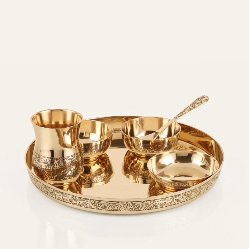 The Healing Store Pack of 6 Bronze pure kansa dinner set eaching design for serving Dinner Set(Gold, Microwave Safe)