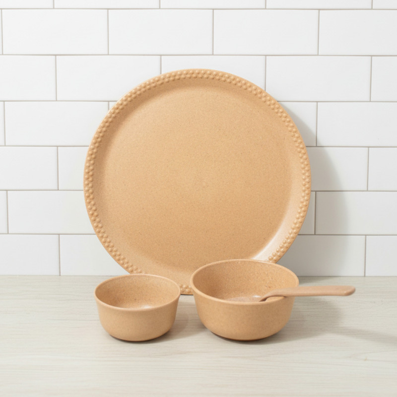 Pacing Grass Pack of 4 Bamboo Bio-composite | Dining Set | Plate, Bowl, Katori & Spoon Combo for Daily Meals Dinner Set(Beige, Microwave Safe)