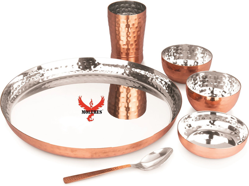 YUIOP Pack of 24 Copper Royal Hammer Copper Dinner Set With 4 Thali, 4 Dish, 8 Bowls, 4 Spoon & 4 Glass Dinner Set(Brown, Microwave Safe)