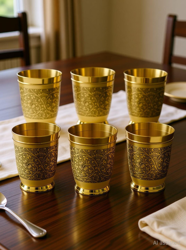 copperwale Pack of 6 Brass Premium Brass Glass | Engraved Floral Design | Golden Finish Dinner Set(Gold)