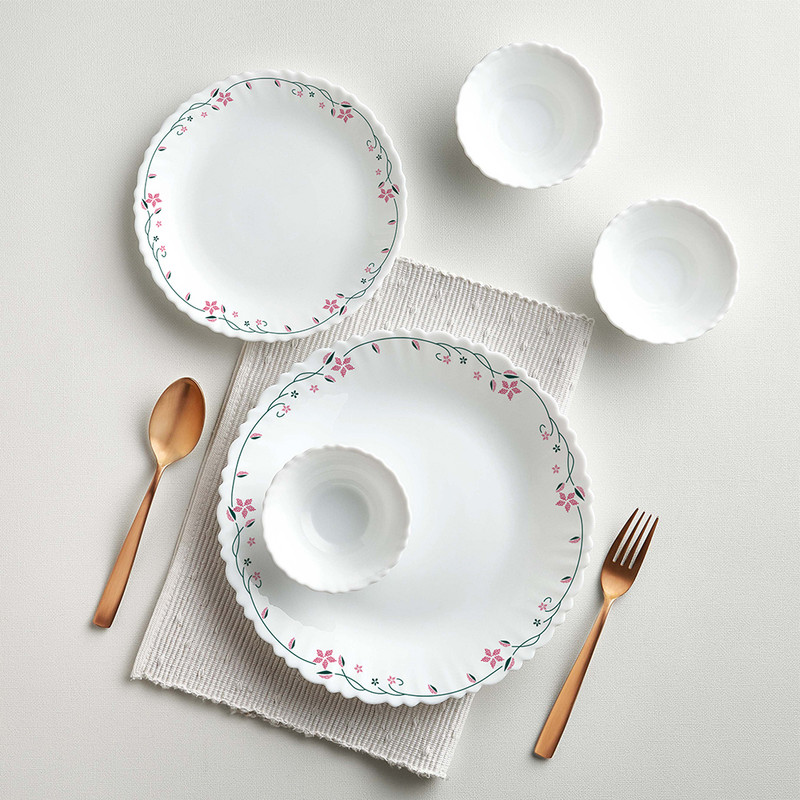 Larah by Borosil Pack of 13 Opalware Dinner Set(Pink, Black, Microwave Safe)