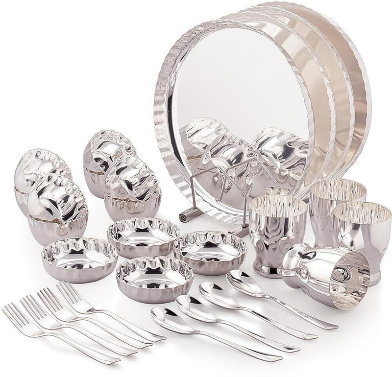 SILVERGLOW Pack of 4 Silver Plated, Stainless Steel Platter Family Steel Dinner Set Dinner Set(Silver)