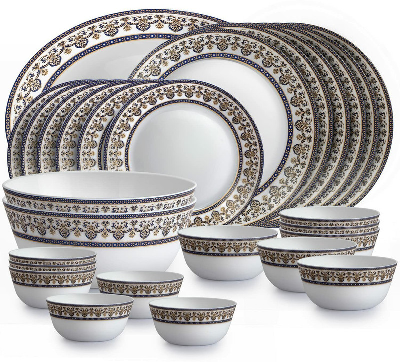 cello Opalware Solitaire Dinner Set of 27 Pieces, Blu Dinner Set(White, Microwave Safe)
