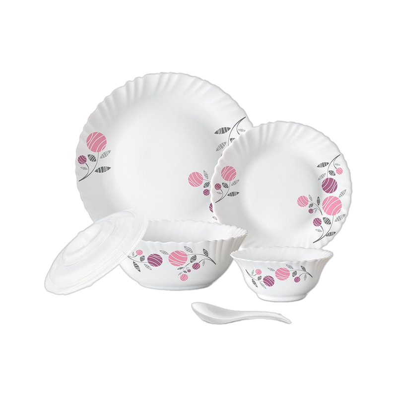Larah by Borosil Pack of 34 Opalware Galaxy Dahlia Crockey Gifting, Plate & Bowl Dinner Set(Pink, Microwave Safe)