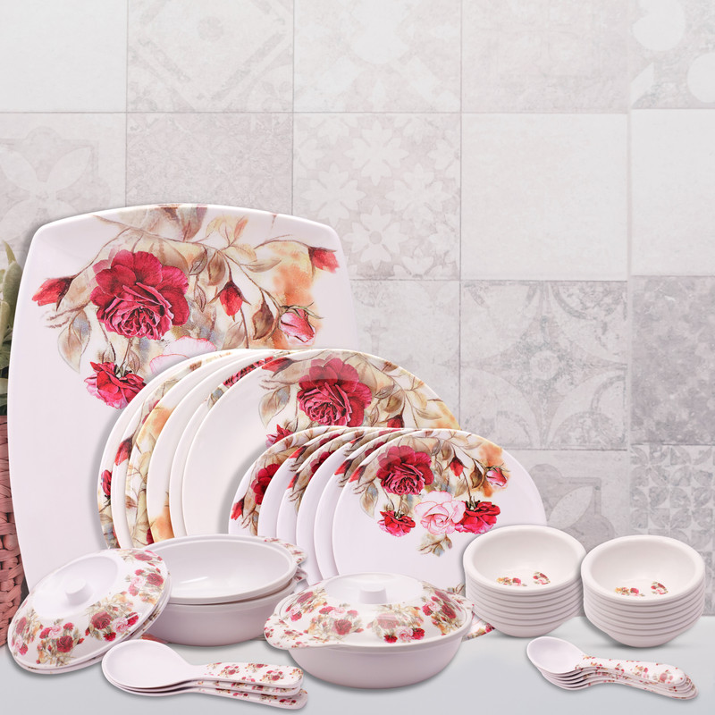 Home-pro Pack of 32 Melamin Dinner set Boss Elegant, Stain Resistant, Beautiful Multicolor Floral Design Dinner Set(Multicolor)