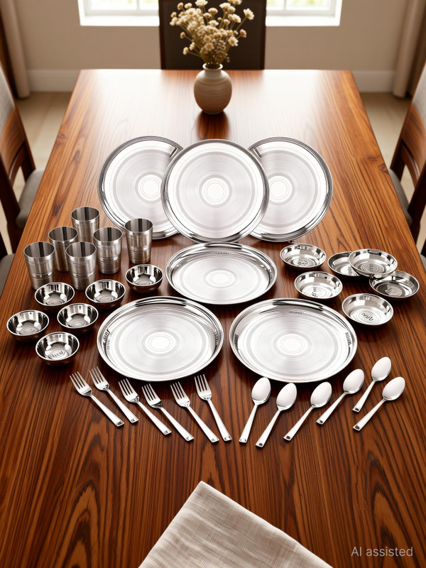 NEELAM Pack of 101 Stainless Steel Stainless Steel 24G Diamond Touch Eco Dinner Set 101 Pcs Silver Dinner Set(Silver)