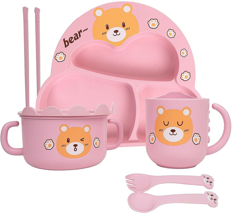 DIKUJI ENTERPRISE Pack of 5 Bamboo Panda Bamboo Dinner Set for Kids - Dishwasher Safe Plate Dinner Set(Multicolor, Microwave Safe)
