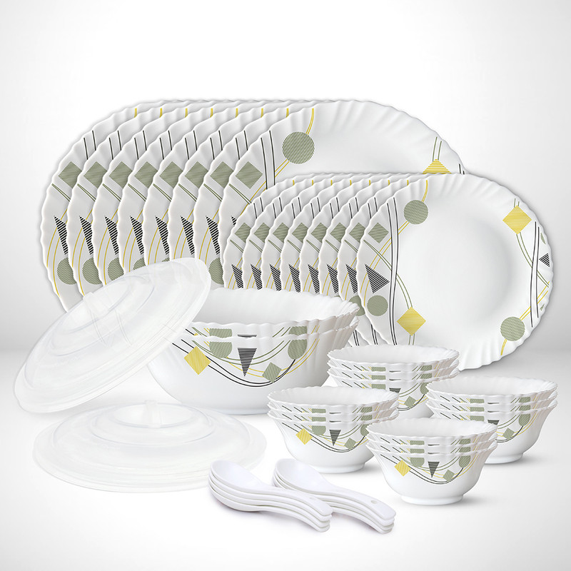 Larah by Borosil Pack of 44 Opalware Galaxy Series Florence Dinnerset, Crockery For Dining & Gifting Dinner Set(Pink, Black, Microwave Safe)