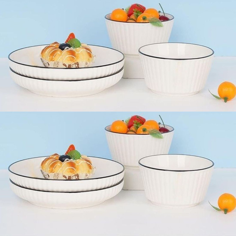 Sugalsu Pack of 8 Ceramic Handmade Modern Design Dinnerware with Black Rim Plates and Bowls Sets (White) Dinner Set(White, Microwave Safe)