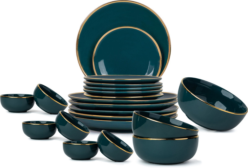 Shay Pack of 21 Ceramic Premium Dinner Set | Teal Gold Line | Durable & Stylish | Real 24K Gold Line Dinner Set(Green)