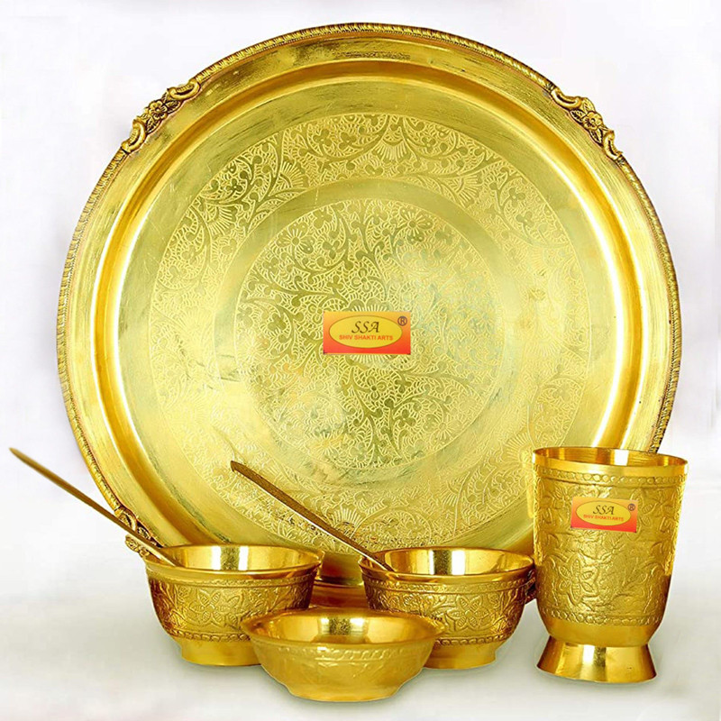 Shivshakti Arts Pack of 7 Brass 7 Pieces - Brass Thali Set / Dinner Set- Sign Eatching Design - (Big , 12.5" Inch) Dinner Set(Yellow)