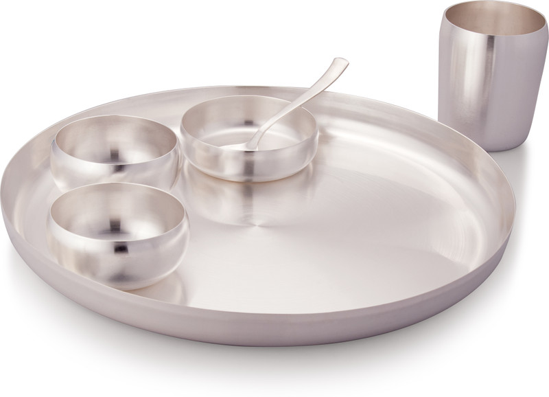 Ojas Pack of 6 Silver Plated OJAS Silver Plated Dinner Set for Rice Ceremony Annaprashan,Home Decorative Gift Dinner Set(Silver)