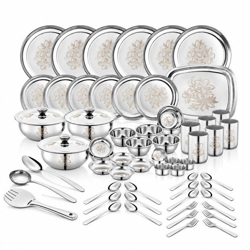 Classic Essentials Pack of 64 Stainless Steel Dinner Set|Serves 6 People|Heavy Gauge|Kitchen Set|Permanent Laser-Glory Dinner Set(Steel)