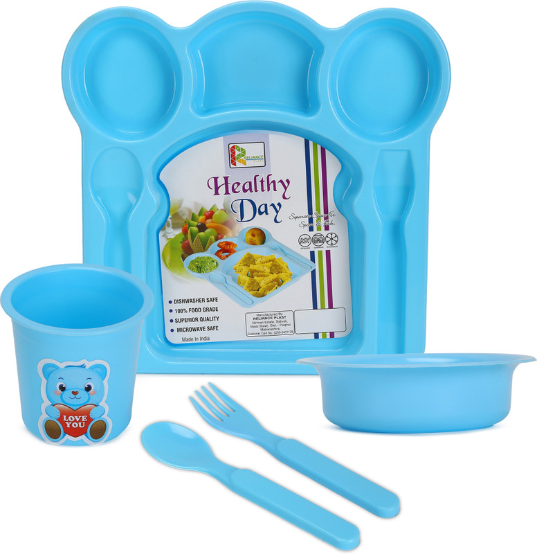 KORBOX Healthy Food Plate, Glass, Spoons, Bowl Dinnerware Set For Kids - Plastic(Blue)