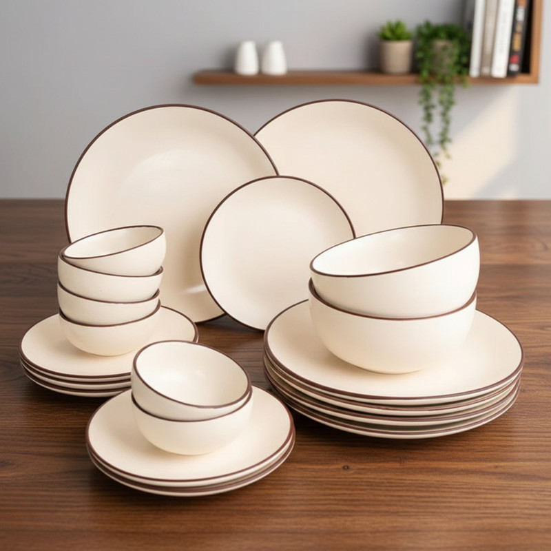 FREAKWAY Pack of 20 Ceramic Hand Painted Ceramic Dinner Set-Ivory White Dinner Set(White, Microwave Safe)