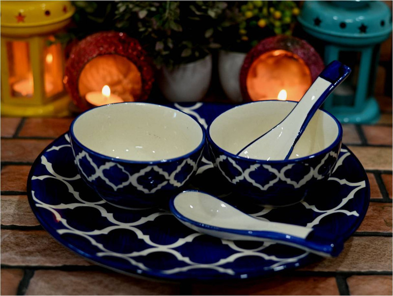 Newai Pack of 5 Ceramic CERAMIC DINNER SET PLATE Dinner Set(Blue, Microwave Safe)