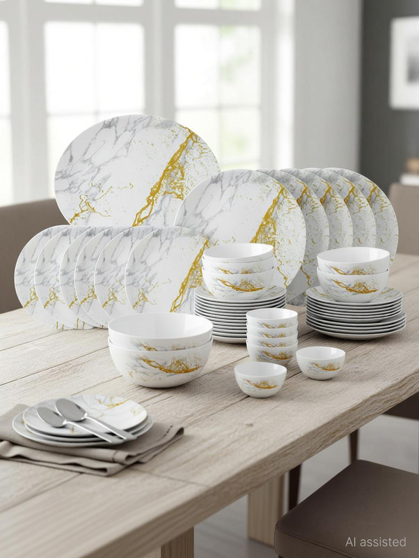 cello Pack of 27 Opalware Design MARBELA {{ Full Plate - 6 Pcs || Quter Plate - 6 Pcs || Veg Bowl - 6 Pcs || Soup Bowl - 6 Pcs || Serving Bowl - 2 Pcs || Rice Plate - 1 Pcs }} Dinner Set(White, Microwave Safe)