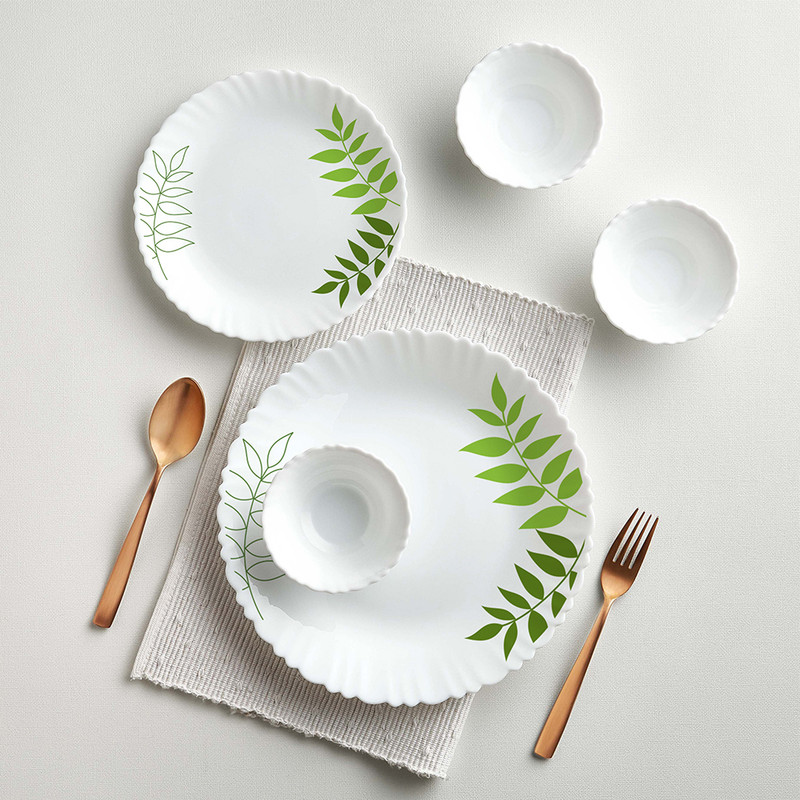 Larah by Borosil Pack of 13 Opalware Dinner Set(Green, Microwave Safe)
