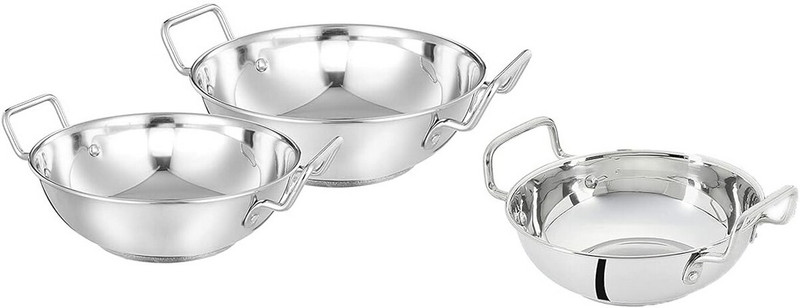 HM EVOTEK Stainless Steel Deep Frying Gas Stove Suitable Bottom 3 pc Kadai with Handle K1 Handi 2.4 L(Steel)