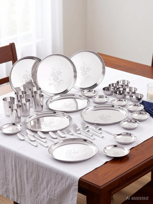 NEELAM Pack of 61 Stainless Steel Diamond Touch Dinner Set 24 Gauge Dinner Set(Silver)
