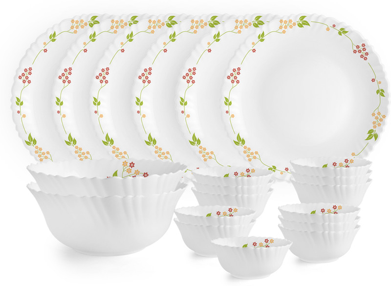 cello Pack of 20 Opalware Dazzle Series Secret Garden Dinner Set | Crockery Set for Daily Use & Gifting Dinner Set(White, Microwave Safe)