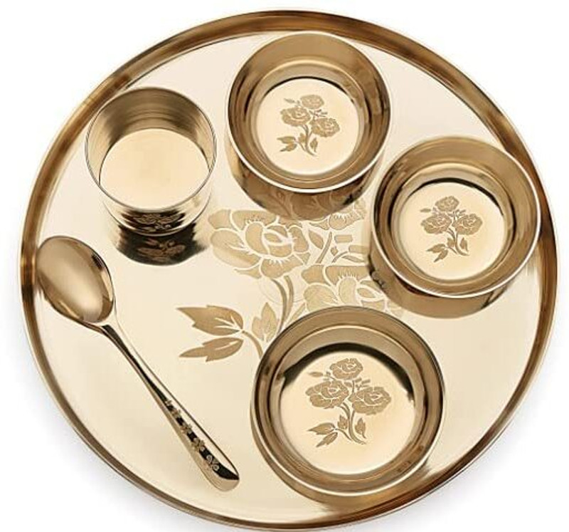 Utensils Masters Pack of 6 Bronze Kansa/Bronze Finish Bhojan/Dinner/Thali Set,6 Pieces 9 Inch (Weight- 1300 Gm) Dinner Set(Gold)
