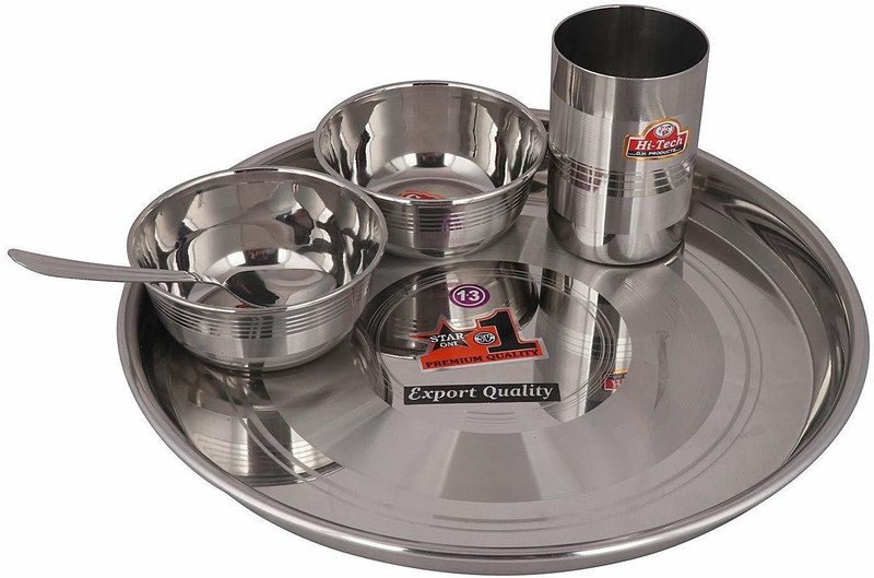 Mohini steels Pack of 5 Steel Premium Quality Stainless Steel Veg Bowl Vati Katori Serving Dish Set, 1 Plate, 1 Spoon & 1 Glass | Bhojan Thali Set 5 Pcs Dinner Set(Steel)