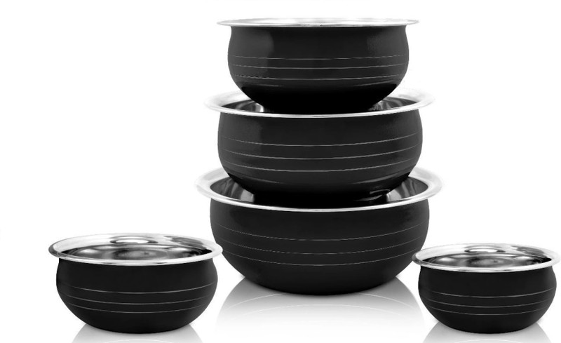 Nirvika Pack of 5 Stainless Steel handi set with lid powder Coating Yellow 5 piece of serving bowl Cookware Dinner Set(Yellow, Microwave Safe)