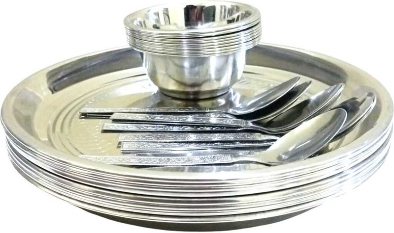 ANUWORD 3 Plate 3 bowl 3 spoon Steel Laser Printed Steel Dinner Set |9 Pieces Steel Dinner Plate(Pack of 9, Microwave Safe)