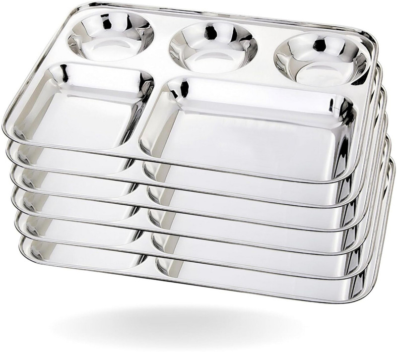 Masox Store Stainless Steel Plates with Compartments/Bhojan Thali/Partition Plates Set K6 Sectioned Plate(Pack of 12, Microwave Safe)