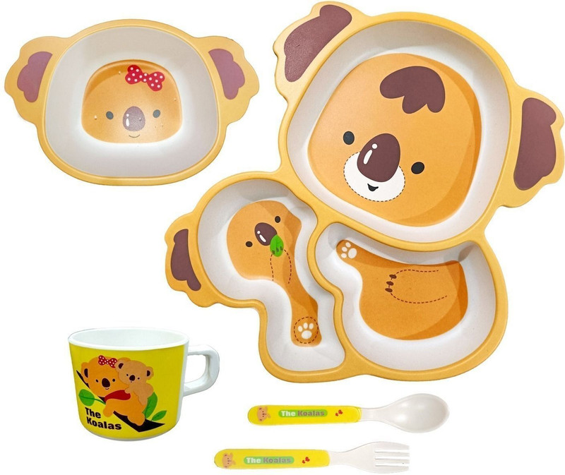 Deepashri Bamboo FIbre Brown Koala Baby Feeding kids Dinner Set (Plate, Bowl, Cup, Spoon & Fork) Dinner Set(Brown, Microwave Safe)