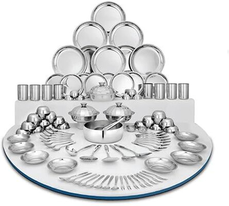 Tannu Craft Pack of 101 Stainless Steel Dinner Set Stainless Steel Delight Dinner Set, 101 Pieces Dinner Set(Silver, Microwave Safe)