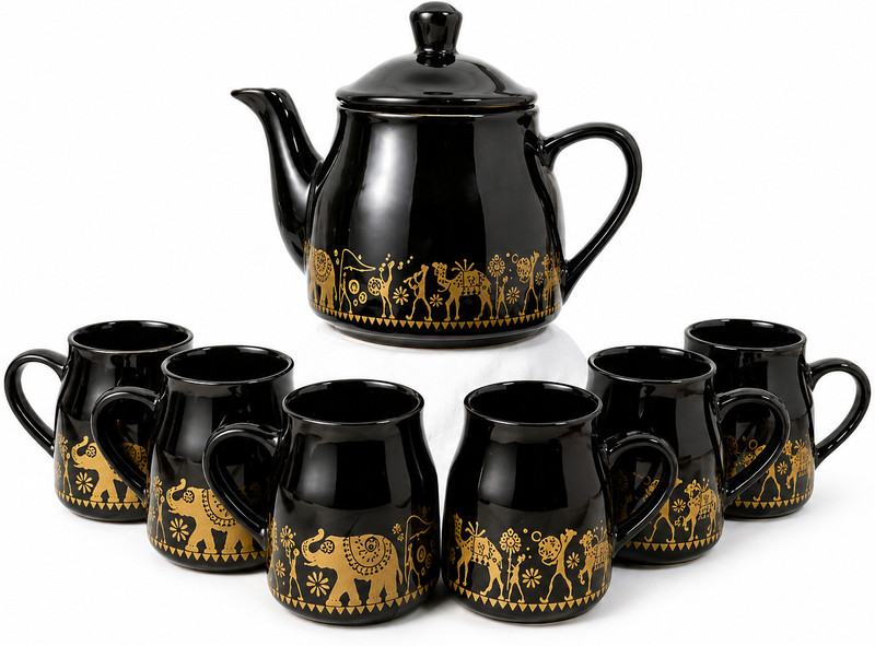 Deedecorwave Pack of 7 Ceramic Premium Elegant Tea Coffee Serving Set Luxury Tea Pot Set for Home,Office & Gift(Black, Gold, Cup Set)