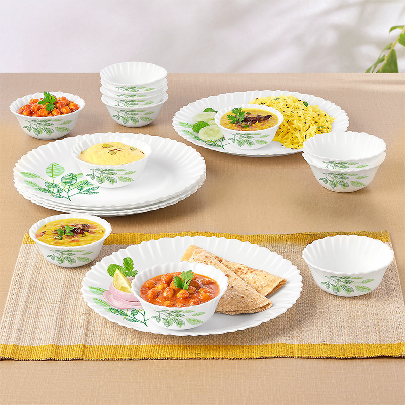 Larah by Borosil Pack of 34 Opalware Galaxy Fauna Crockey for Dining & Gifting, Plate & Bowl Dinner Set(Green, Microwave Safe)