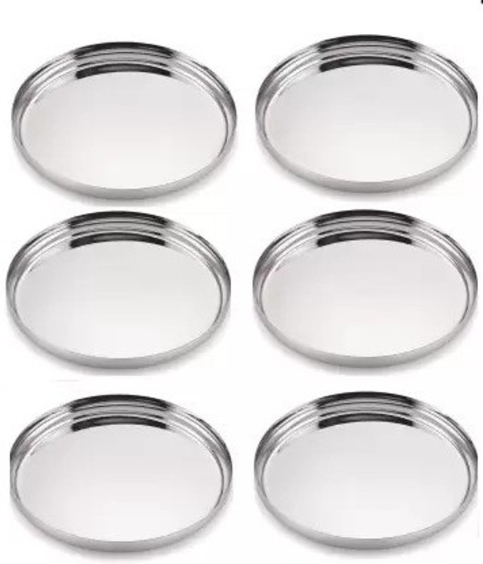 VISAXMI Pack of 6 Steel Dinner Plate| Lunch Plates| Steel Thali (Size 13, Diameter: 30cm, Pack of 6) Dinner Set(Silver)