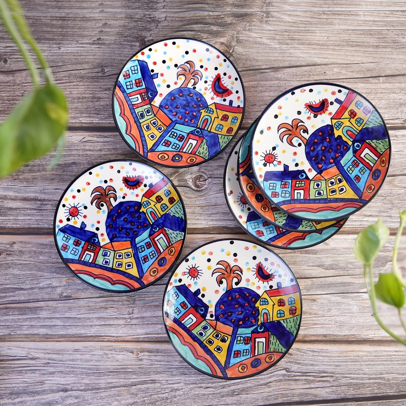HOUSELA Pack of 6 Ceramic Hut-Handcrafted Hut Dining Quarter Plates Pair Handpainted Ceramic Dinner Plates Dinner Set(Multicolor, Microwave Safe)