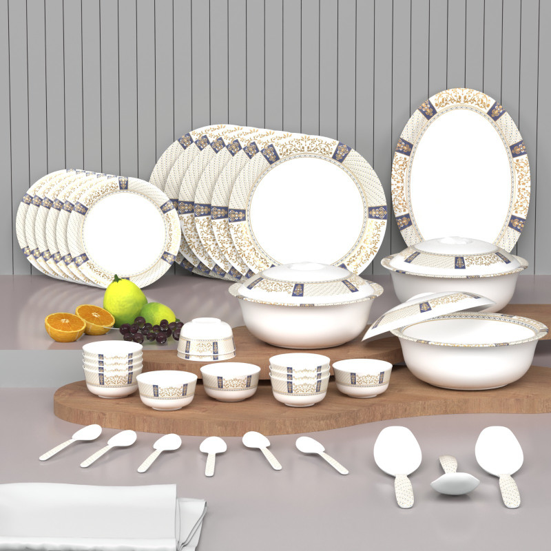 Castleite Pack of 40 Melamin Piccolo Maison Golde Round Designer Crockery Dinner Set(White, Gold, Blue)