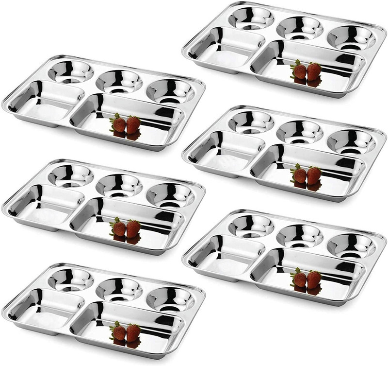 Masox Store Steel Plates for Lunch/ Dinner Thali Set 5 in 1 Rectangle Compartments Dish K7 Dinner Plate(Pack of 6, Microwave Safe)