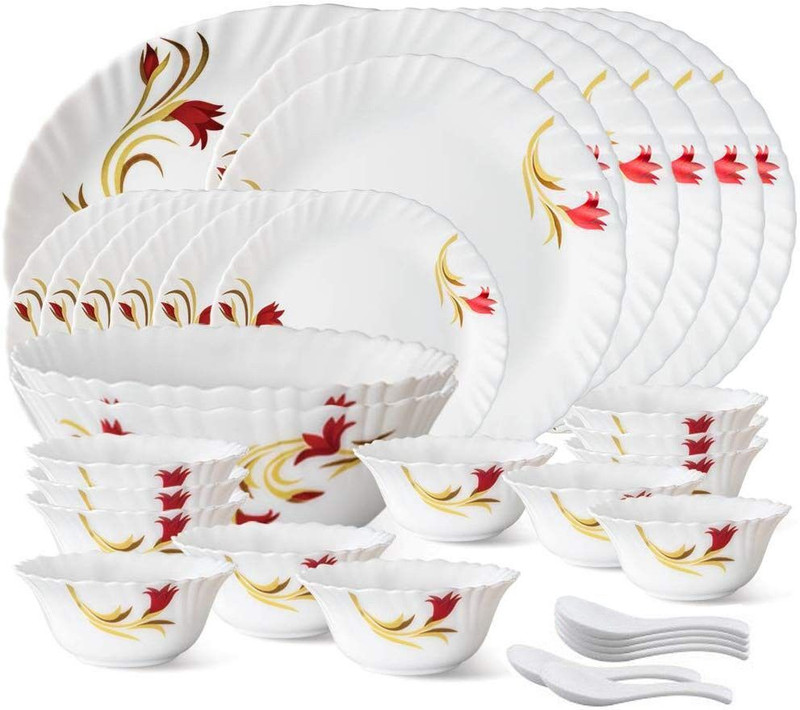 Larah by Borosil Pack of 33 Opalware Borosil Red Lily 100% Bone ash free Dinner Set(Multicolor, Microwave Safe)