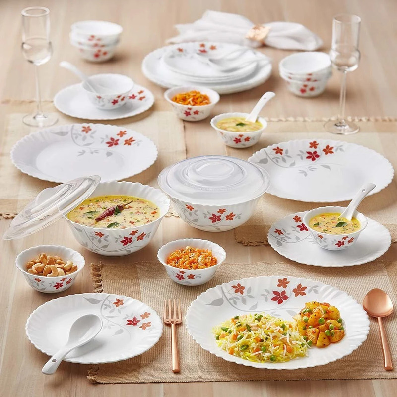 Larah by Borosil Pack of 34 Opalware Galaxy Rosalie Crockey Set for Dining & Gifting, Plate & Bowl Dinner Set(Orange, Red, Grey, Microwave Safe)