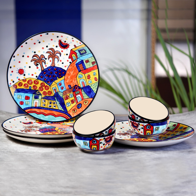 FREAKWAY Pack of 8 Ceramic Ceramic "4 Dinner Plates 4 Bowls "(8 Pieces, Serving for 4 Dinner Set(Green, Microwave Safe)
