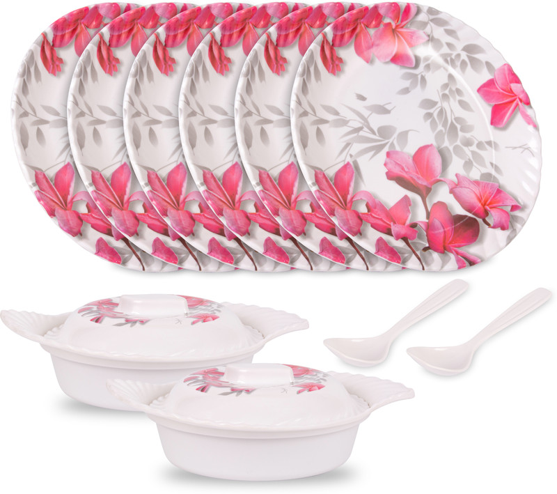 Home-pro Pack of 10 Melamin Royal Lehar Pink Flower Print 6 Full Plate 2 Donga | 2 Serving Spoon | Crockery Dinner Set(Pink, Grey)