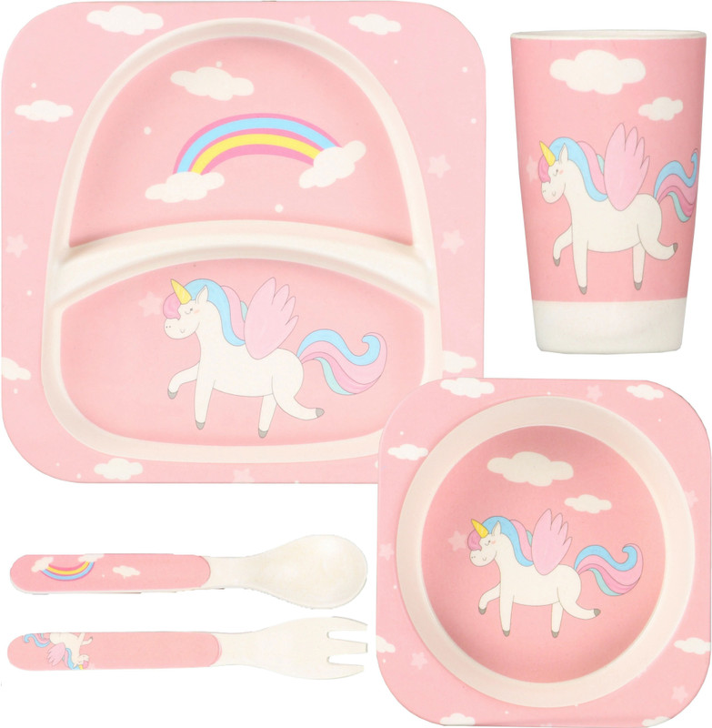 POLKA TOTS Pack of 5 Bamboo Eco-Friendly Fiber Dinnerware Self Feeding for Baby , Kids Unicorn Utensil Dinner Set(Pink, Microwave Safe)