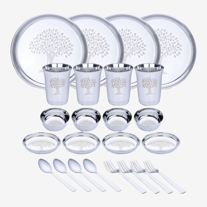 LIMETRO STEEL Pack of 24 Stainless Steel Laser Print Steel Dinner set Combo / Steel Cutlery Set / Dinner Set(Silver)