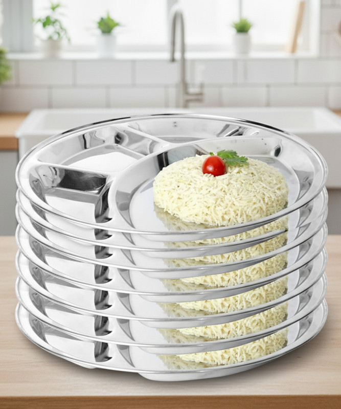 RBGIIT Pack of 8 Stainless Steel Lunch Dinner Plate Thali | 5 Compartments Stainless Steel Divided Mess Dish K1 Dinner Set(Silver, Microwave Safe)