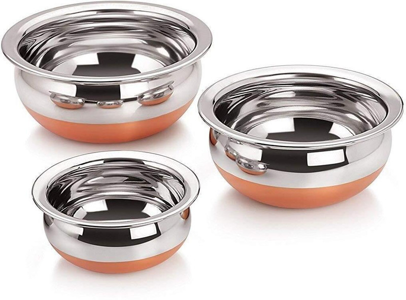 NARV Pack of 5 Stainless Steel Cooking & Serving Copper Bottom Handi Set Biryani Pot Punjabi Handi for Home K4 Dinner Set(Steel, Microwave Safe)