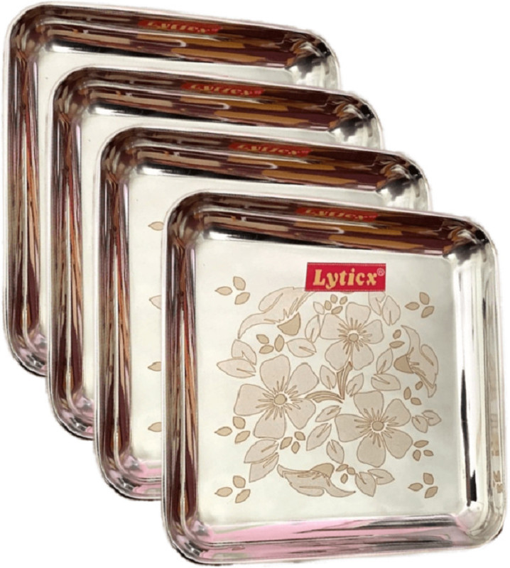 Lyticx Pack of 4 Stainless Steel Square Shape Dinner / Lunch / Breakfast / Snacks Plate, 20 CM Dinner Set(Steel, Microwave Safe)