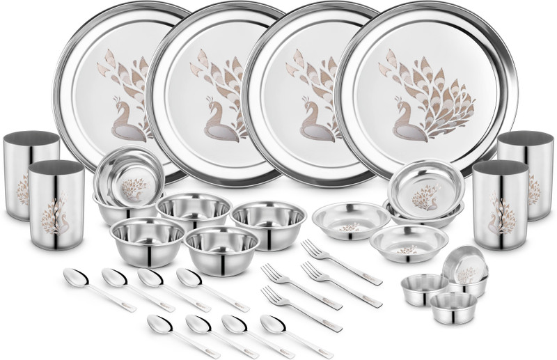 Classic Essentials Pack of 32 Stainless Steel Peacock Lazer Design Stainless Steel Heavy Gauge Dinner Set